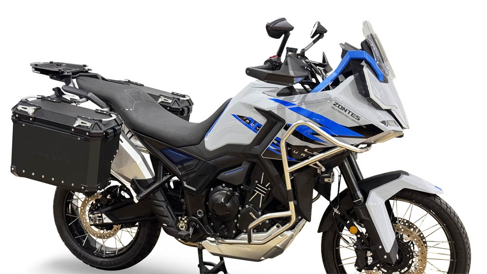 GPR TECH Zontes 703 F 2025/2026 Seitenkofferpaar aus Aluminium , Farbe Schwarz mit speziellem Gepäckträger Fassungsvermögen 38 Liter + 38 Liter