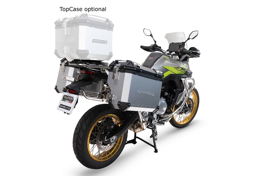 GPR TECH Voge 900DSX 2024/2025 e5 Paar Seitenkoffer aus Aluminium mit konturierter rechter Seite, schwarze Farbe, mit speziellem silbernen Kofferhalter Fassungsvermögen 38 Liter + 32 Liter