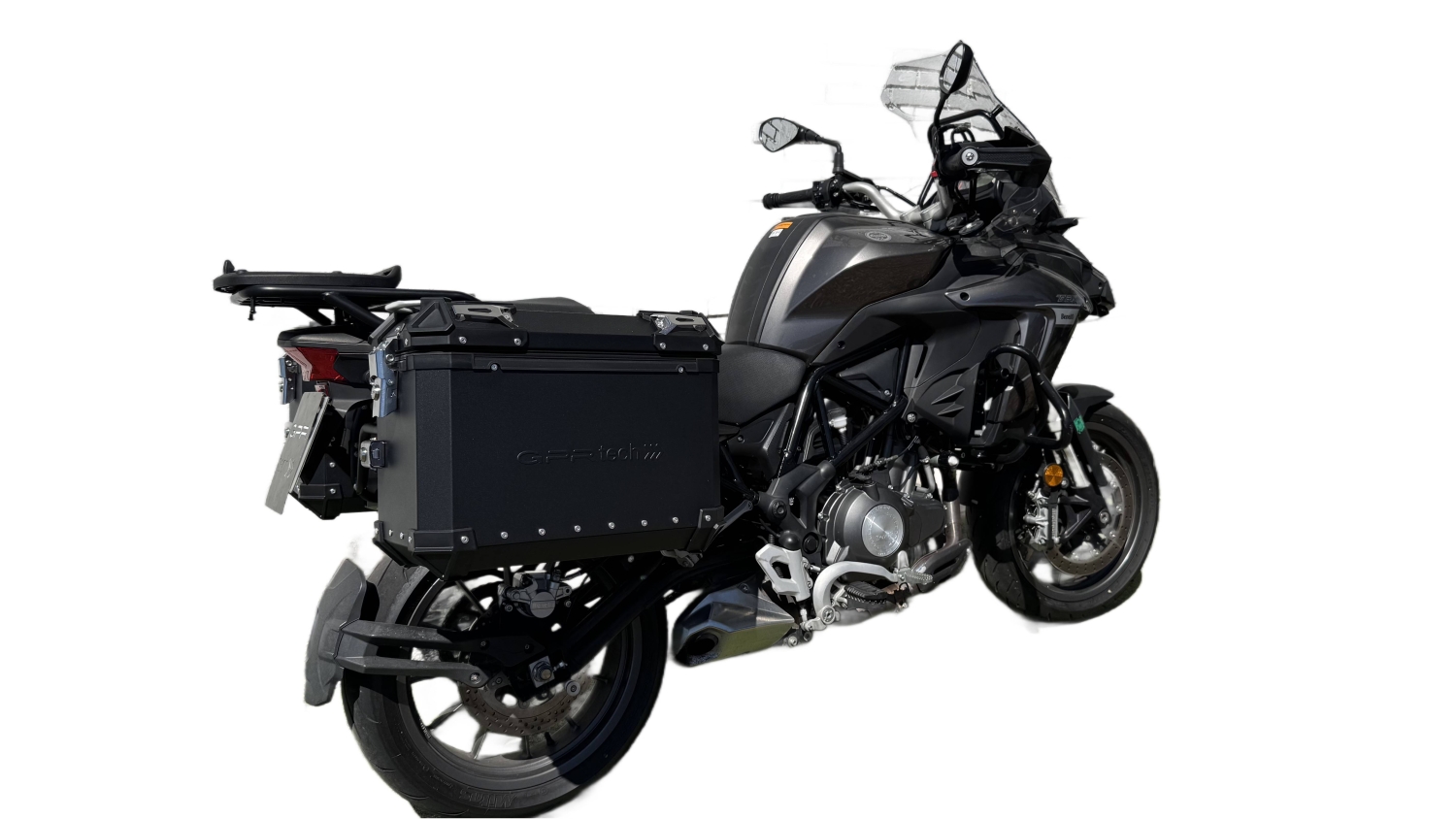 GPR TECH Benelli Trk 502 X 2021/2024 e5 Seitenkofferpaar aus Aluminium , Farbe Schwarz mit speziellem Gepäckträger Fassungsvermögen 38 Liter + 38 Liter