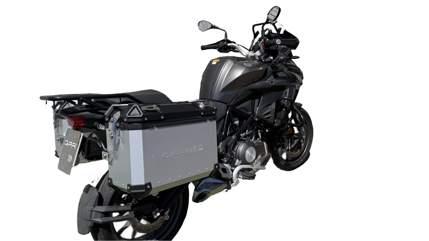 GPR TECH Benelli Trk 502 X 2021/2024 e5 Seitenkofferpaar aus Aluminium , Farbe Silber mit speziellem Gepäckträger Fassungsvermögen 38 Liter + 38 Liter