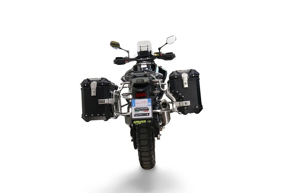 GPR TECH Cf Moto 450MT 2023/2025 Euro5 Plus Seitenkofferpaar aus Aluminium mit konturierter rechter Seite, Farbe Schwarz mit speziellem Gepäckträger Fassungsvermögen 38 Liter + 32 Liter