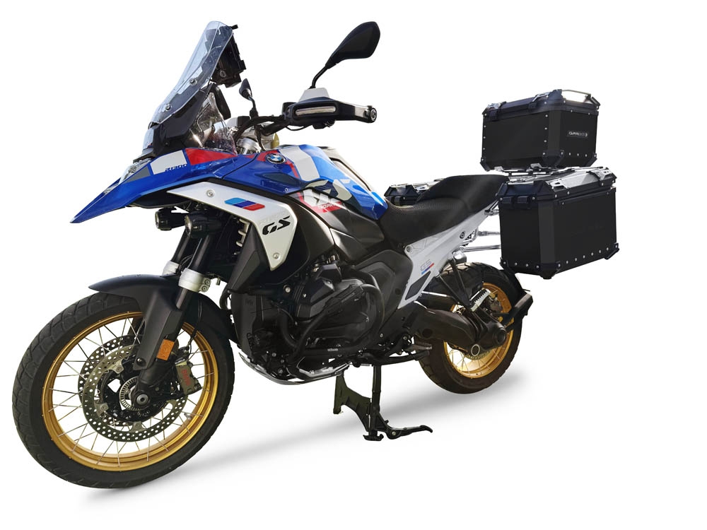 GPR TECH Bmw R 1300 GS 2023/2025 Triptychon-Kit in schwarzer Farbe, mit Topcase 45 Lt + Seitenkoffer 38 Lt + 38 Lt + Universal-Gepäckträger Topcase-Kapazität 45 l + Seitenkoffer-Kapazität 38 l + 38 l
