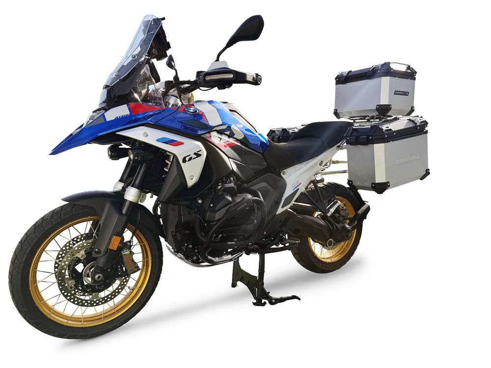 GPR TECH Bmw R 1300 GS 2023/2025 Triptychon-Kit in silberner Farbe, mit Topcase 45 Lt + Seitenkoffer 38 Lt + 38 Lt + allgemeiner Gepäckträger Topcase-Kapazität 45 l + Seitenkoffer-Kapazität 38 l + 38 l