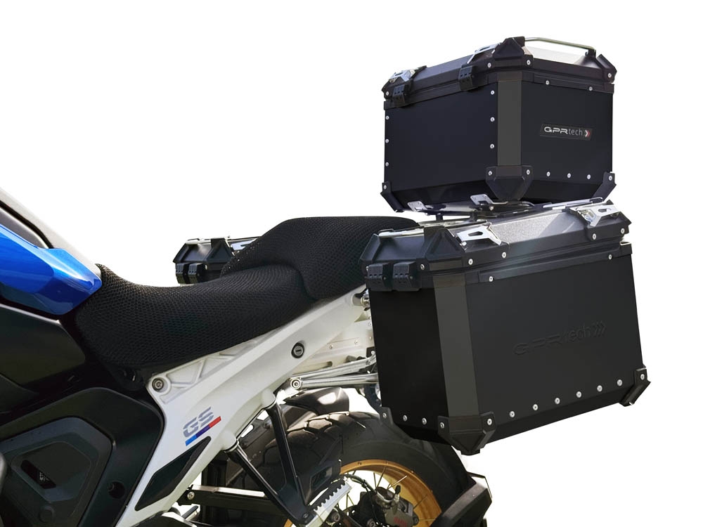 GPR TECH Bmw R 1300 GS 2023/2025 Triptychon-Kit in schwarzer Farbe, mit Topcase 45 Lt + Seitenkoffer 38 Lt + 38 Lt + Universal-Gepäckträger Topcase-Kapazität 45 l + Seitenkoffer-Kapazität 38 l + 38 l