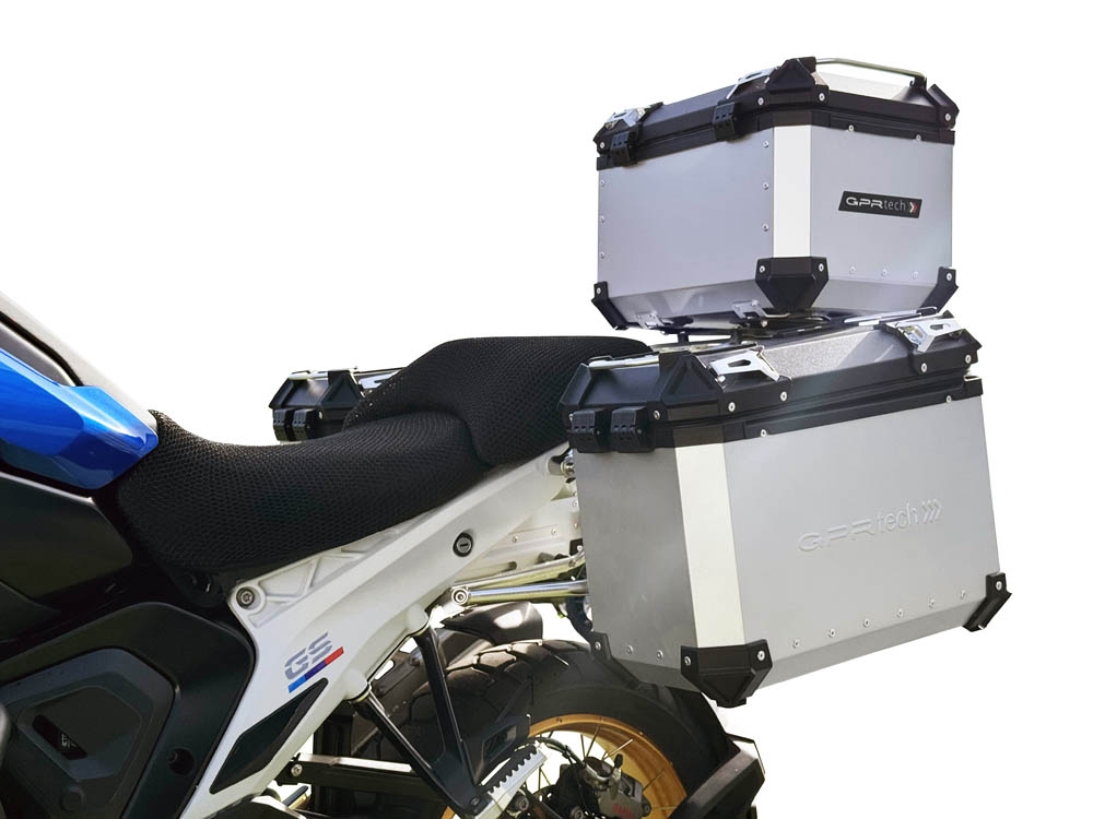GPR TECH Bmw R 1300 GS 2023/2025 Triptychon-Kit in silberner Farbe, mit Topcase 45 Lt + Seitenkoffer 38 Lt + 38 Lt + allgemeiner Gepäckträger Topcase-Kapazität 45 l + Seitenkoffer-Kapazität 38 l + 38 l