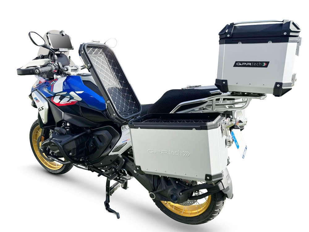 GPR TECH Bmw R 1300 GS Adventure 2023/2025 Triptychon-Kit in silberner Farbe, mit Topcase 45 Lt + Seitenkoffer 38 Lt + 38 Lt + allgemeiner Gepäckträger Topcase-Kapazität 45 l + Seitenkoffer-Kapazität 38 l + 38 l