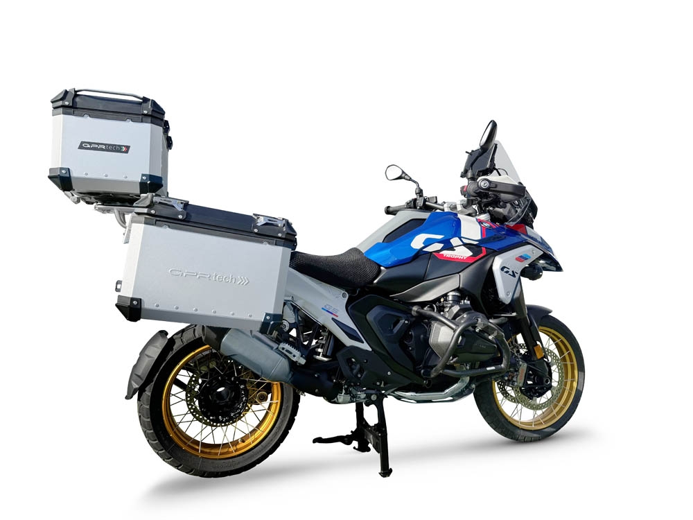 GPR TECH Bmw R 1300 GS 2023/2025 Triptychon-Kit in silberner Farbe, mit Topcase 35 Lt + Seitenkoffer 38 Lt + 38 Lt + allgemeiner Gepäckträger Topcase-Kapazität 35 l + Seitenkoffer-Kapazität 38 l + 38 l