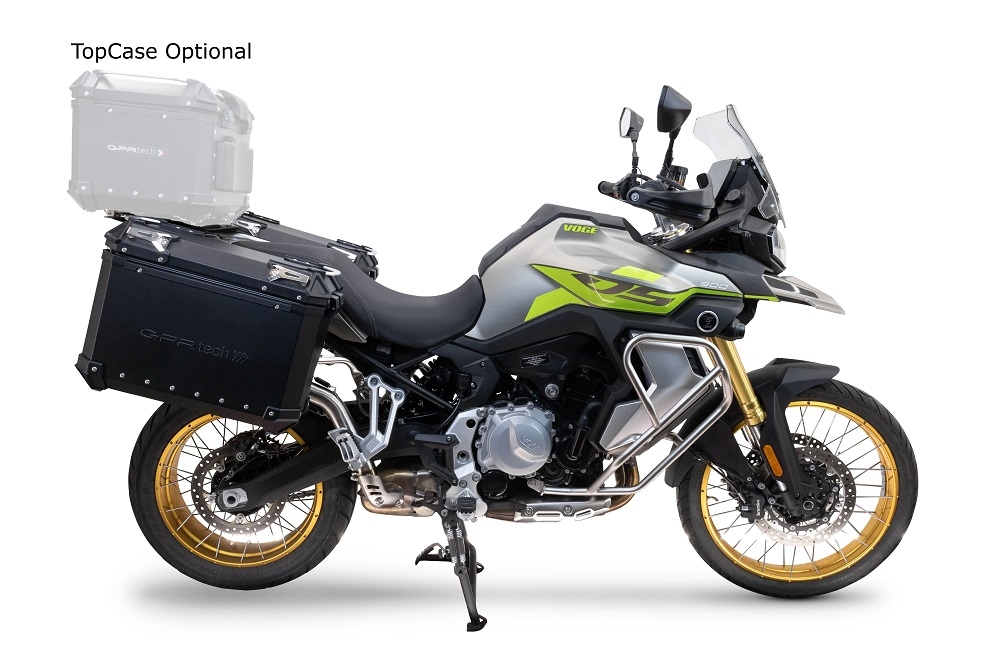 GPR TECH Voge 900DSX 2024/2025 e5 Paar Seitenkoffer aus Aluminium mit konturierter rechter Seite, schwarze Farbe, mit speziellem Schwarz Kofferhalter Fassungsvermögen 38 Liter + 32 Liter