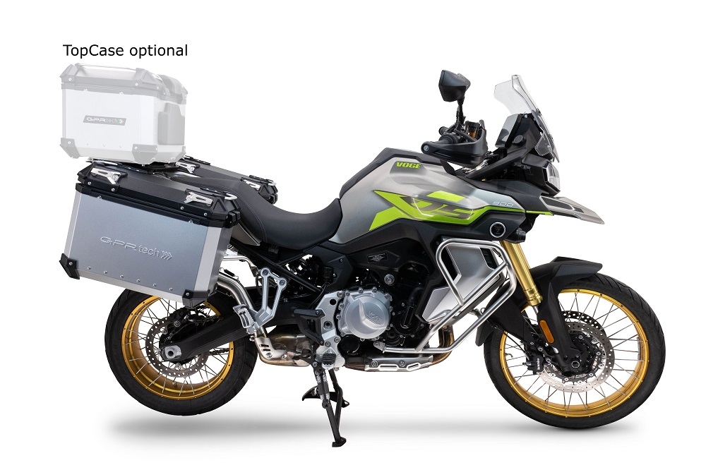 GPR TECH Voge 900DSX 2024/2025 e5 Paar Seitenkoffer aus Aluminium mit konturierter rechter Seite, silberfarben, mit speziellem silbernen Kofferhalter Fassungsvermögen 38 Liter + 32 Liter
